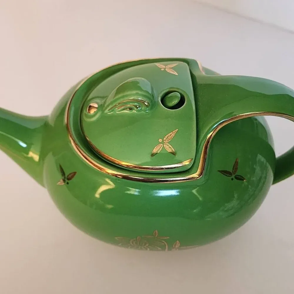 Vintage Hall China Art Deco Tea Pot 6Cup Green Glaze And Gold Floral Trim and Ac
